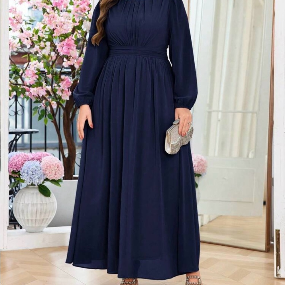 SHEIN Navy Long Sleeve Pleated Maxi Dress
